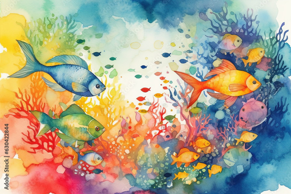 Watercolor illustration of vibrant fish around underwater reef with
