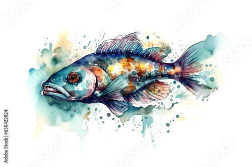 Watercolor illustration of a multicolored fish with splashes of watercolor paint