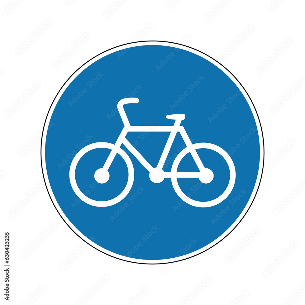 Bike path sign. Mandatory sign. Round blue sign. Path for cyclists. Road sign. White bike inside a blue circle. Obey the rules of the road. Bicycle. Bike path sign. Mandatory sign. Round blue sign. Path for cyclists. Road sign. White bike inside a blue circle. Obey the rules of the road. Bicycle.