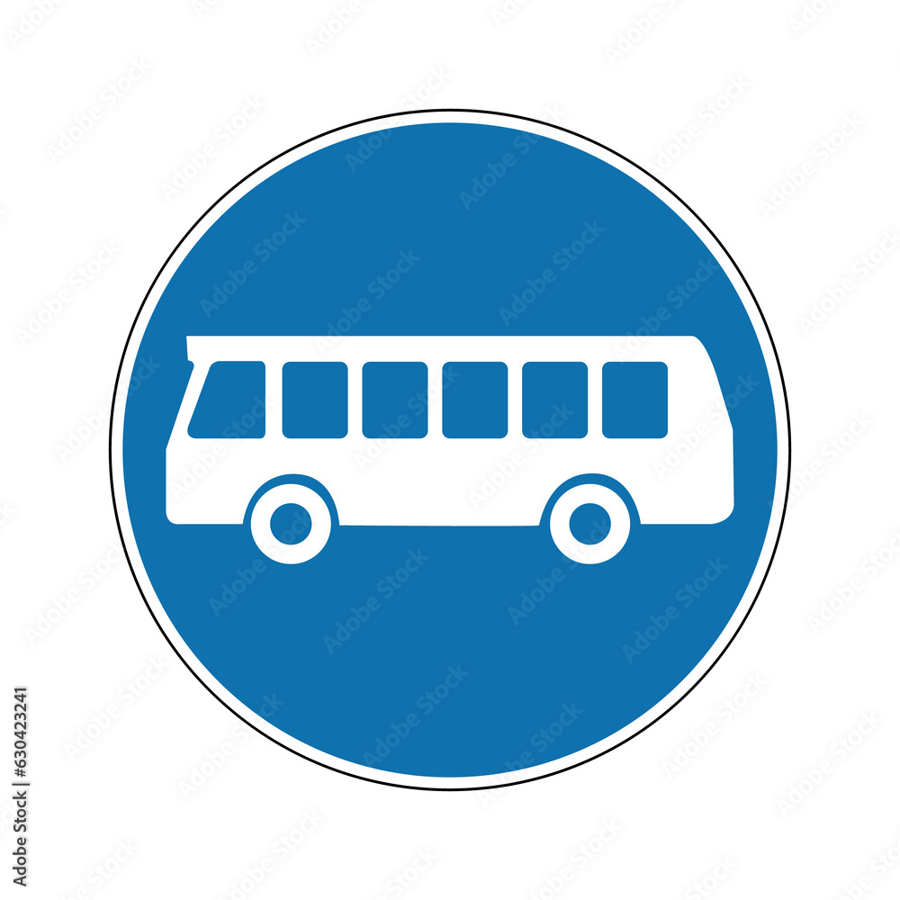Public bus sign. Mandatory sign. Round blue sign. Sign only allows the movement of bus. Bus lane and stop. Road sign. Public bus sign. Mandatory sign. Round blue sign. Sign only allows the movement of bus. Bus lane and stop. Road sign.