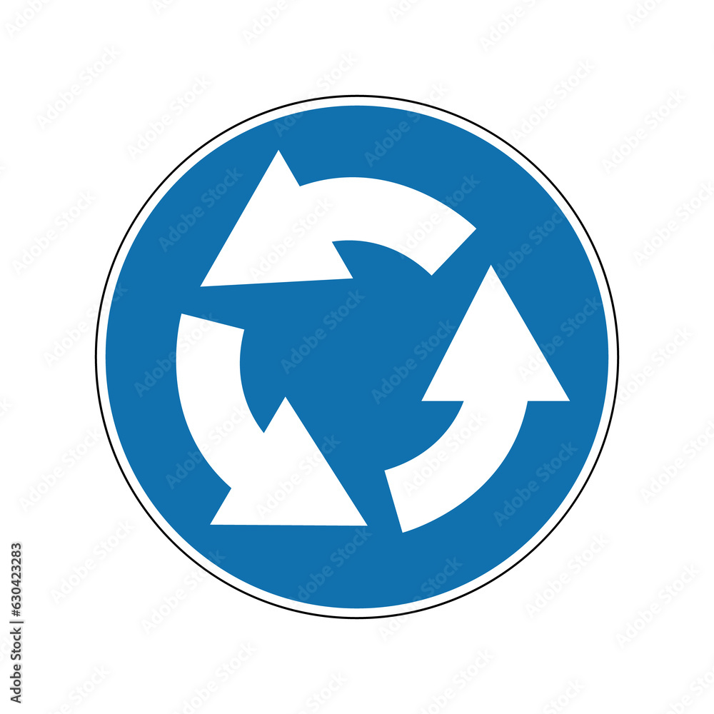 Roundabout direction sign. Mandatory sign. Round blue sign. Drive around the flowerbed (central island) in the direction shown by the arrows at the roundabout. Road sign. Roundabout direction sign. Mandatory sign. Round blue sign. Drive around the flowerbed (central island) in the direction shown by the arrows at the roundabout. Road sign.