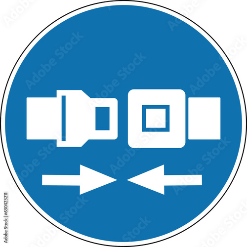 Seat belt sign. Mandatory sign. Fasten your seat belt. Round blue sign. Buckle and belt. Road sign. Use the security system.