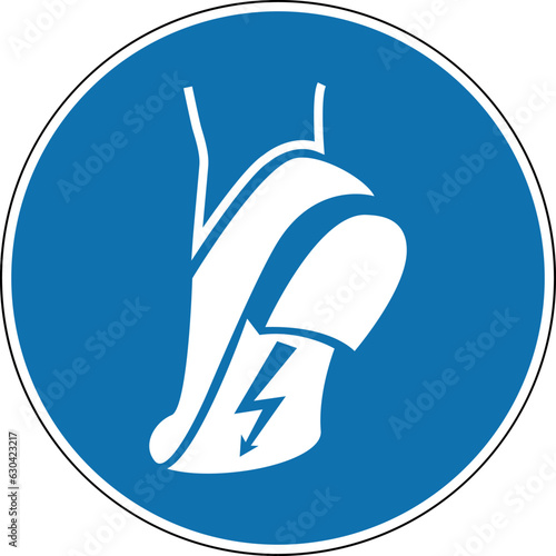 Antistatic shoe sign. Mandatory sign wear antistatic shoes. Round blue sign with a boot and a zip on the sole. Beware of static electricity. Wear safety shoes.