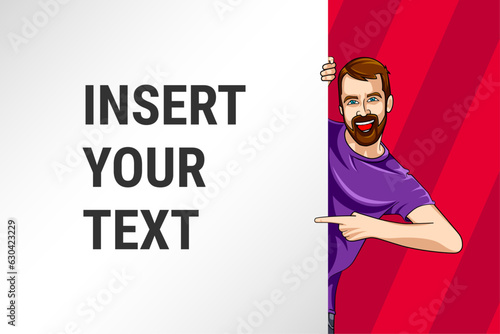 bearded man holding a billboard, vectorized illustration, blank billboard to include text or design