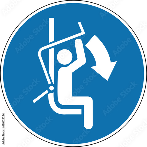 Close safety bar of the chairlift. Mandatory sign. Round blue sign. Safety bar chairlift must be closed. Follow the safety rules. Sign to close the protective bar on the lift