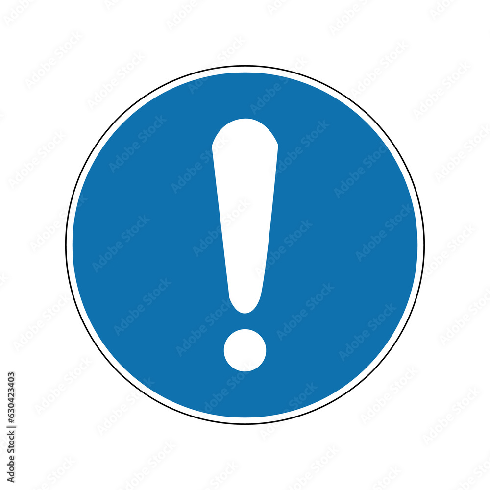 General mandatory action sign. Mandatory sign. Round blue sign with a white exclamation point inside. General mandatory action sign. Mandatory sign. Round blue sign with a white exclamation point inside.