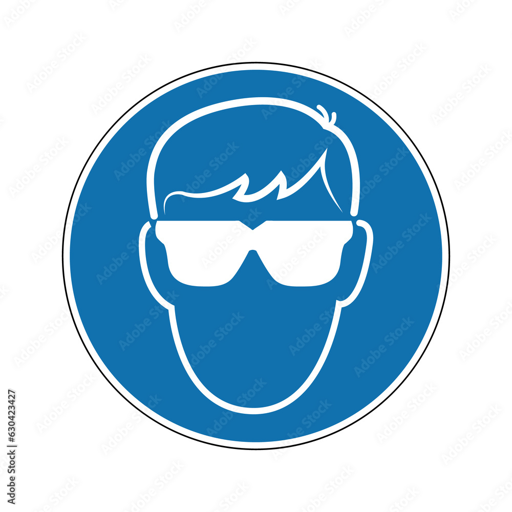 Eye protection sign. Mandatory sign. Round blue sign. Wear goggles to protect your eyes. Follow the safety rules. Eye protection. Protective glasses. Eye protection sign. Mandatory sign. Round blue sign. Wear goggles to protect your eyes. Follow the safety rules. Eye protection. Protective glasses.