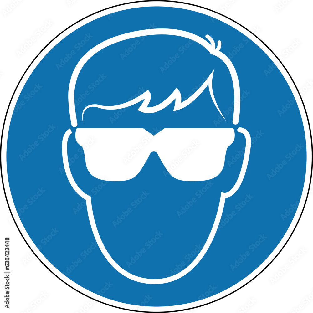 Eye protection sign. Mandatory sign. Round blue sign. Wear goggles to protect your eyes. Follow the safety rules. Eye protection. Protective glasses. Eye protection sign. Mandatory sign. Round blue sign. Wear goggles to protect your eyes. Follow the safety rules. Eye protection. Protective glasses.