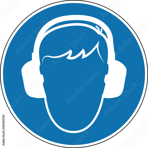 Hearing protection sign. Mandatory sign. Round blue sign. Caution noise, loud sound. Wear earmuffs or ear plugs. Follow the safety rules.