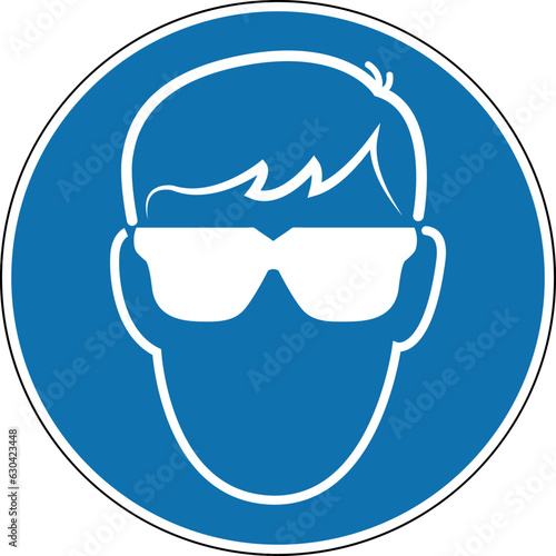 Eye protection sign. Mandatory sign. Round blue sign. Wear goggles to protect your eyes. Follow the safety rules. Eye protection. Protective glasses.