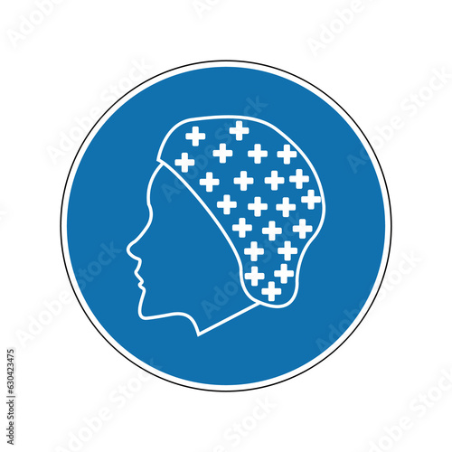 Hairnet sign. Mandatory sign. Round blue sign. Wear a hairnet. Follow the safety rules. Hair protection. photo
