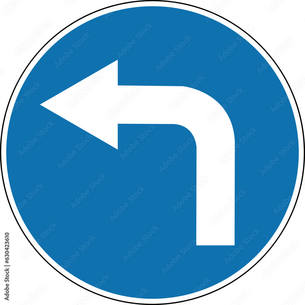 Left turn sign. Mandatory sign. Round blue sign. Left turn. Sign allows movement only to left. Road sign. Left turn sign. Mandatory sign. Round blue sign. Left turn. Sign allows movement only to left. Road sign.