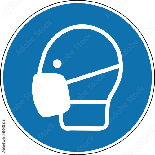 Protective mask sign. Mandatory sign. Round blue sign. Wear a protective mask. Protective mask for the face. Respiratory protection.