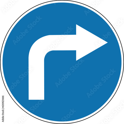 Right turn sign. Mandatory sign. Round blue sign. Right turn. Sign allows movement only to right. Road sign. Obey the rules of the road.