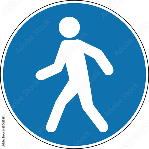 Pedestrian zone sign. Mandatory sign. Round blue sign. Crosswalk. Only foot traffic. Entrance. Follow traffic rules. Road sign.
