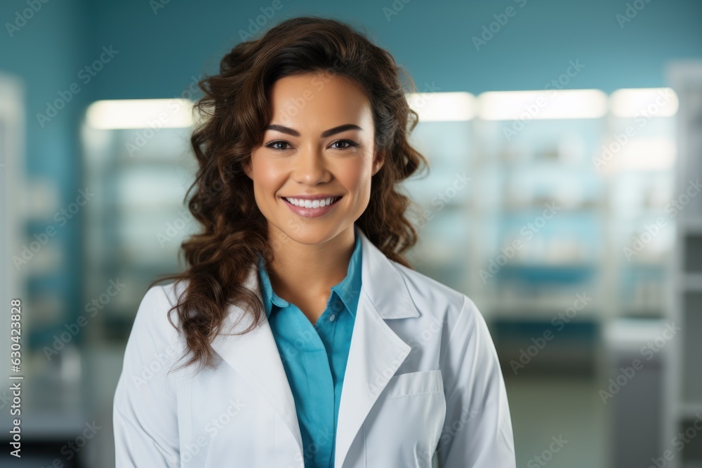 Smiling female doctor in a lab coat with arms crossed against Smiling female doctor in a lab coat with arms crossed against