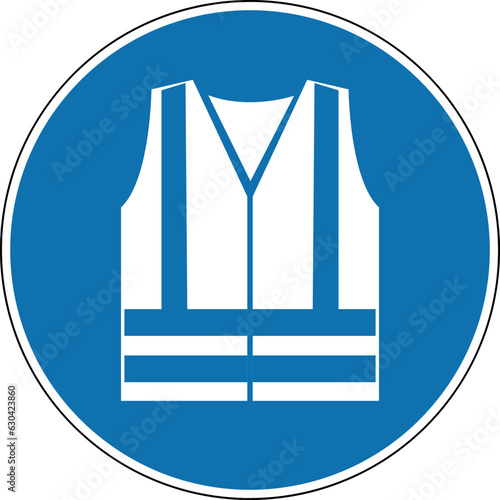 High visibility clothing sign. Mandatory sign. Round blue sign. Wear a bright reflective vest. Follow the safety rules. Wear bright high-visibility clothing.