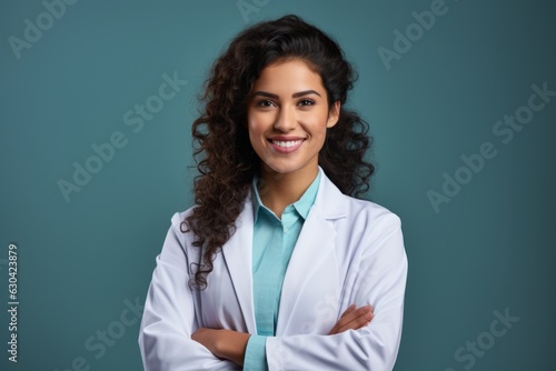 Smiling female doctor in a lab coat with arms crossed against