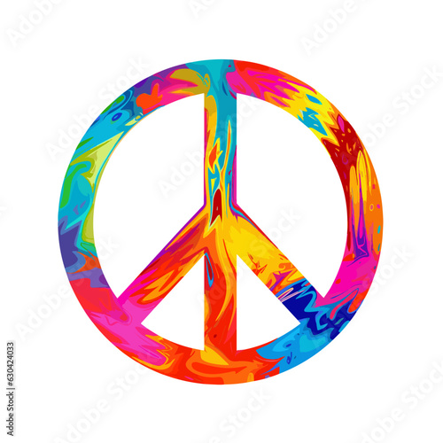 Peace sign icon with rainbow colors, hippie symbol of colorful splashes, vector illustration on transparent white background