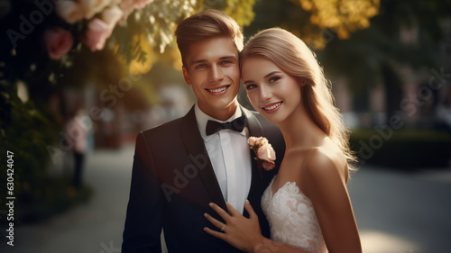 Amazing smiling wedding couple. Pretty bride and stylish groom.generative ai