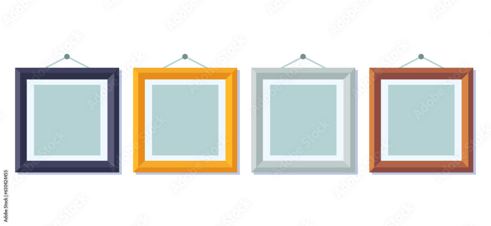 Vector illustration of realistic square picture frames in different colors on wall. Picture frames in black, yellow, white and wood colors. Vector illustration of realistic square picture frames in different colors on wall. Picture frames in black, yellow, white and wood colors.