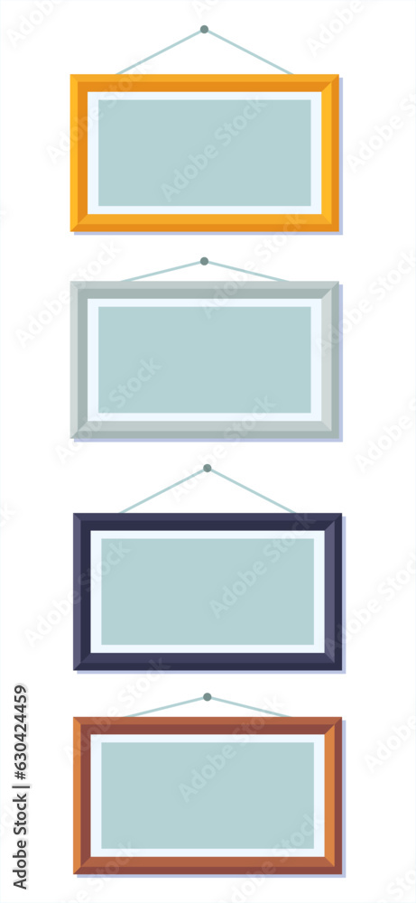 Vector illustration of realistic horizontal picture frames in different colors on wall. Picture frames in black, yellow, white and wood colors. Vector illustration of realistic horizontal picture frames in different colors on wall. Picture frames in black, yellow, white and wood colors.