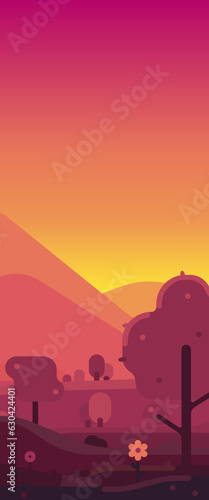 Vertical landscape illustration of sunset.  Vector illustration of sunset in flat style