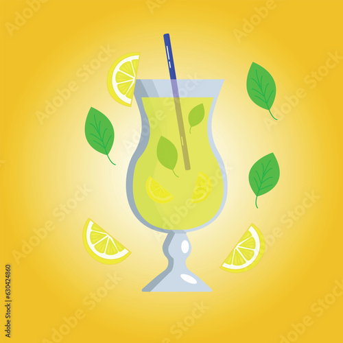 Glass of lemonade with mint . Lemon juice. Glass of lemon cocktail with straw. Vector illustration.