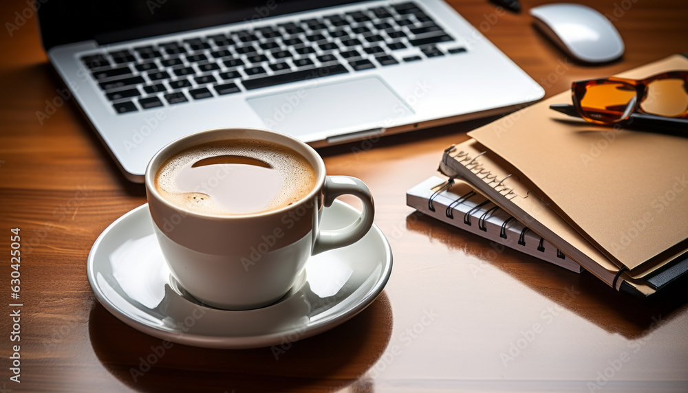 A white office desk with Moderne gadgets in white office room,laptop and coffee.generative ai A white office desk with Moderne gadgets in white office room,laptop and coffee.generative ai