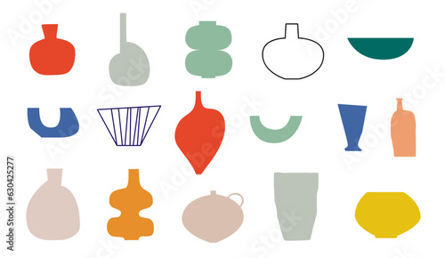 Vector ceramic vases in trendy minimalism. Modern Pottery for posters, abstract wall art, invitation, social media posts, and stories. Vector EPS 10 design elements.