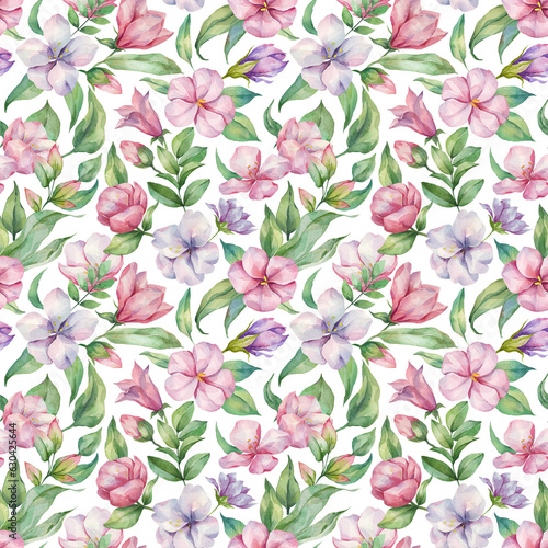 Blooming spring flowers seamless pattern on a white background. Watercolor pink and lilac hand-drawn flowers on white background for fashion, wallpapers, fabric, textile, packaging paper, and print.