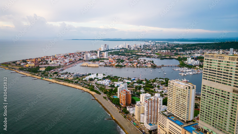 Bocagrande, Cartagena. Colombia. Drone Shot of Modern Waterfront Buildings and Hotels on Caribbean Sea