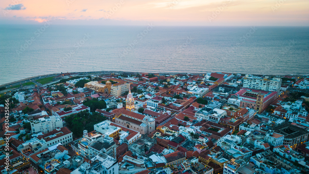 Aerial Cityscape Above Cartagena Colombia Cathedral Landmark at Historic Center next to the Sea