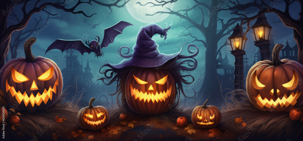 Jack O's lantern glows in the moonlight at night. Pumpkins burning in the forest at night in halloween. Jack O's lantern glows in the moonlight at night. Pumpkins burning in the forest at night in halloween.