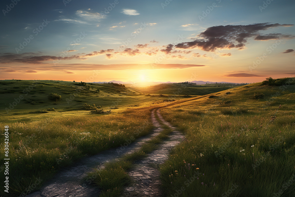 a path through a grassy field around sunset