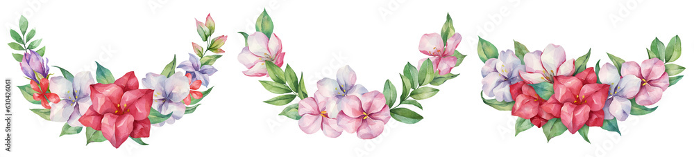 Watercolor set of floral arrangements with pink, lilac and red flowers for wedding invitations, design social media posts and printing on various products.
