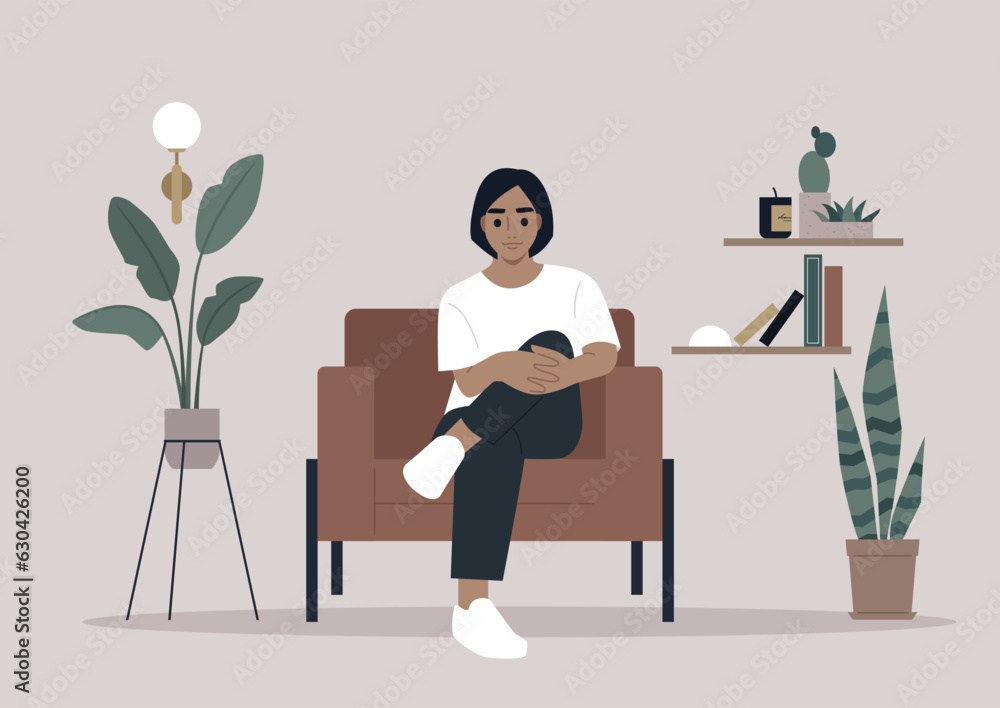 A young Caucasian character resting in a leather armchair, a relaxed confident pose with two hands holding a knee A young Caucasian character resting in a leather armchair, a relaxed confident pose with two hands holding a knee