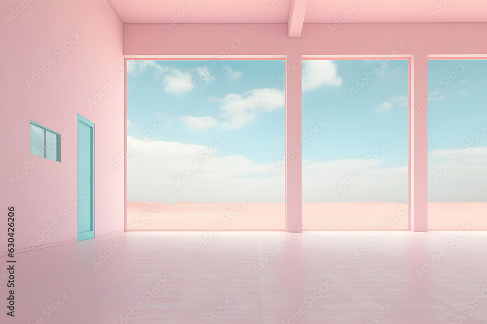 Empty room with a window and blue sky. AI Generative