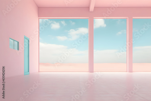 Empty room with a window and blue sky. AI Generative