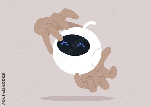 Hands engaging with a playful spherical robot, fostering a bond between humans and machines