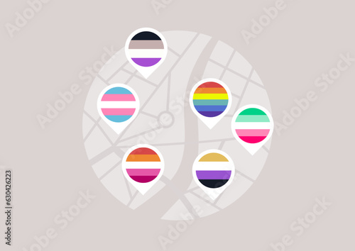 A map highlighting LGBTQ+ inclusive destinations with pins colored as pride flags, embodying the concept of safe spaces