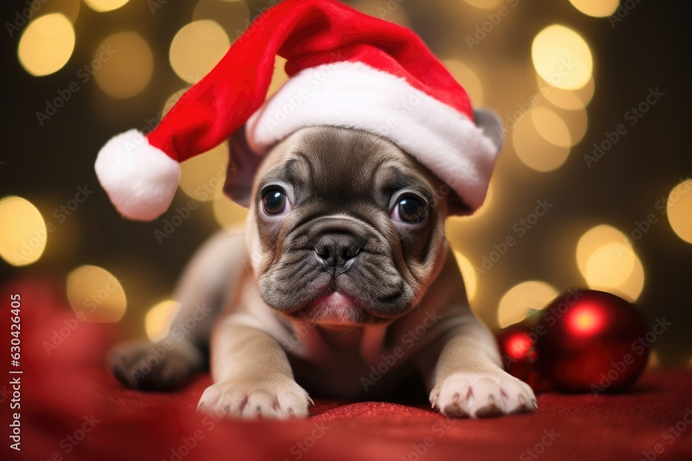 French Bull Dog wearing a Christmas Hat with many lights on the background. Generative AI French Bull Dog wearing a Christmas Hat with many lights on the background. Generative AI