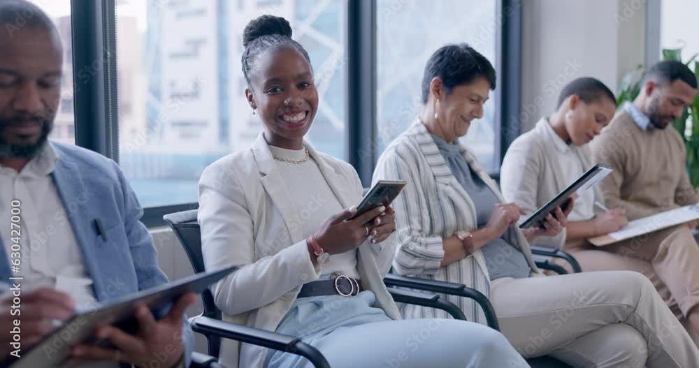 Job interview, recruitment and business with black woman in waiting room for meeting, hiring and opportunity. Process, human resources and smile with portrait of employee in office for application Job interview, recruitment and business with black woman in waiting room for meeting, hiring and opportunity. Process, human resources and smile with portrait of employee in office for application