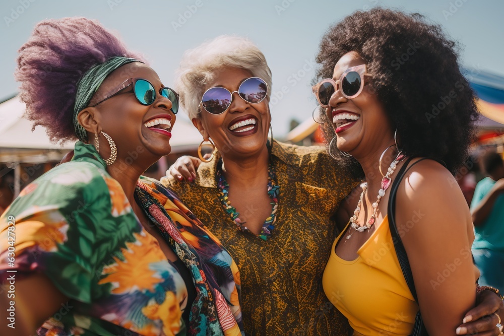 a photo of three diverse middle-aged mature women in modern stylish clothes smiling at the colorful music festival, mature friendship representation. Generative AI technology