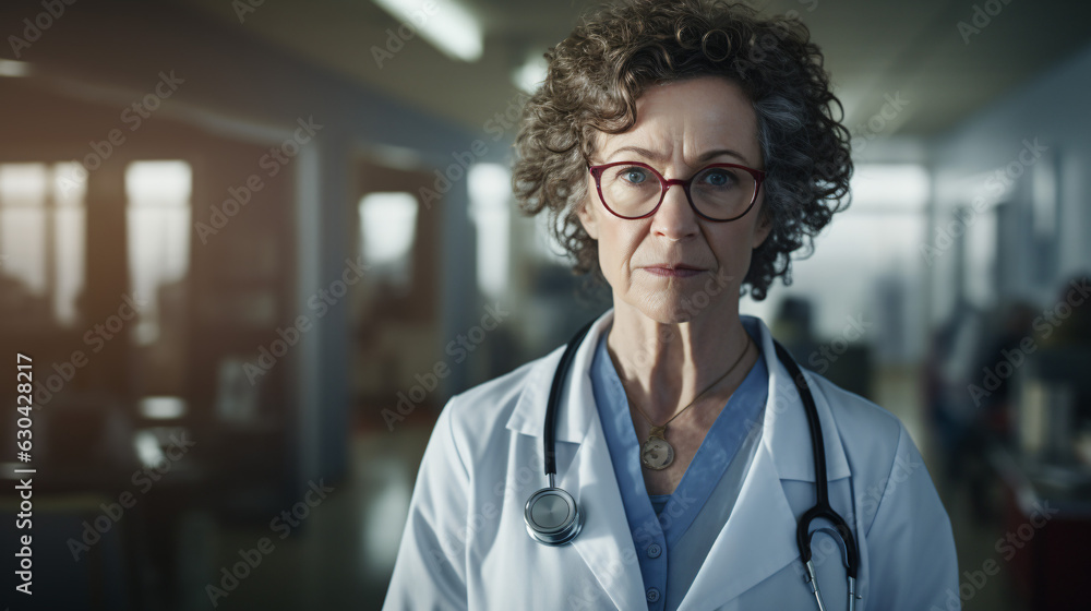 Image of mature female doctor in hospital - obrazy, fototapety, plakaty 