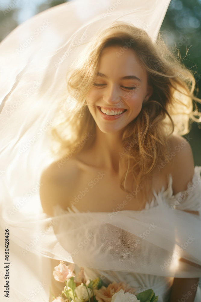 portrait of a woman/model/bride in a wedding dress engagement fashion/beauty editorial magazine style film photography look in front of a floral background - generative ai art portrait of a woman/model/bride in a wedding dress engagement fashion/beauty editorial magazine style film photography look in front of a floral background - generative ai art