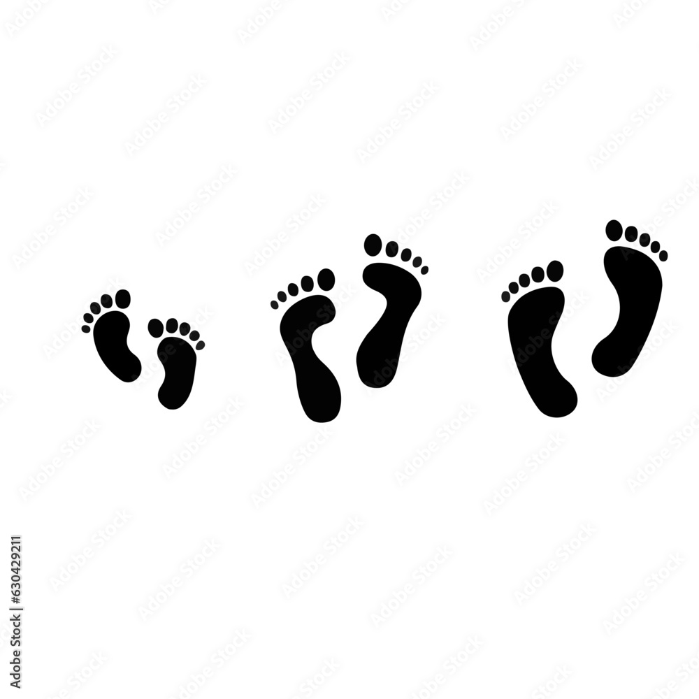 Family footprint, foot imprint of a man, a woman, a child. Vector silhouette on white background Family footprint, foot imprint of a man, a woman, a child. Vector silhouette on white background
