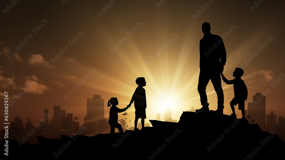 Silhouette Adults helped build the foundation for a child to grow up and grow efficiently over blurred natural team responsible for the idea of progress concept,,generative ai