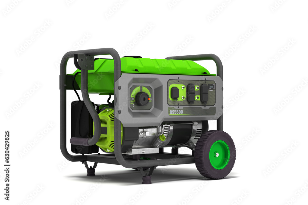 Modern compact electrical generator perspective view 3d render on white Modern compact electrical generator perspective view 3d render on white