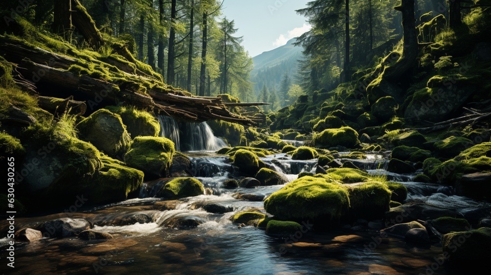 Waterfall in a green forest with rocks and green moss.